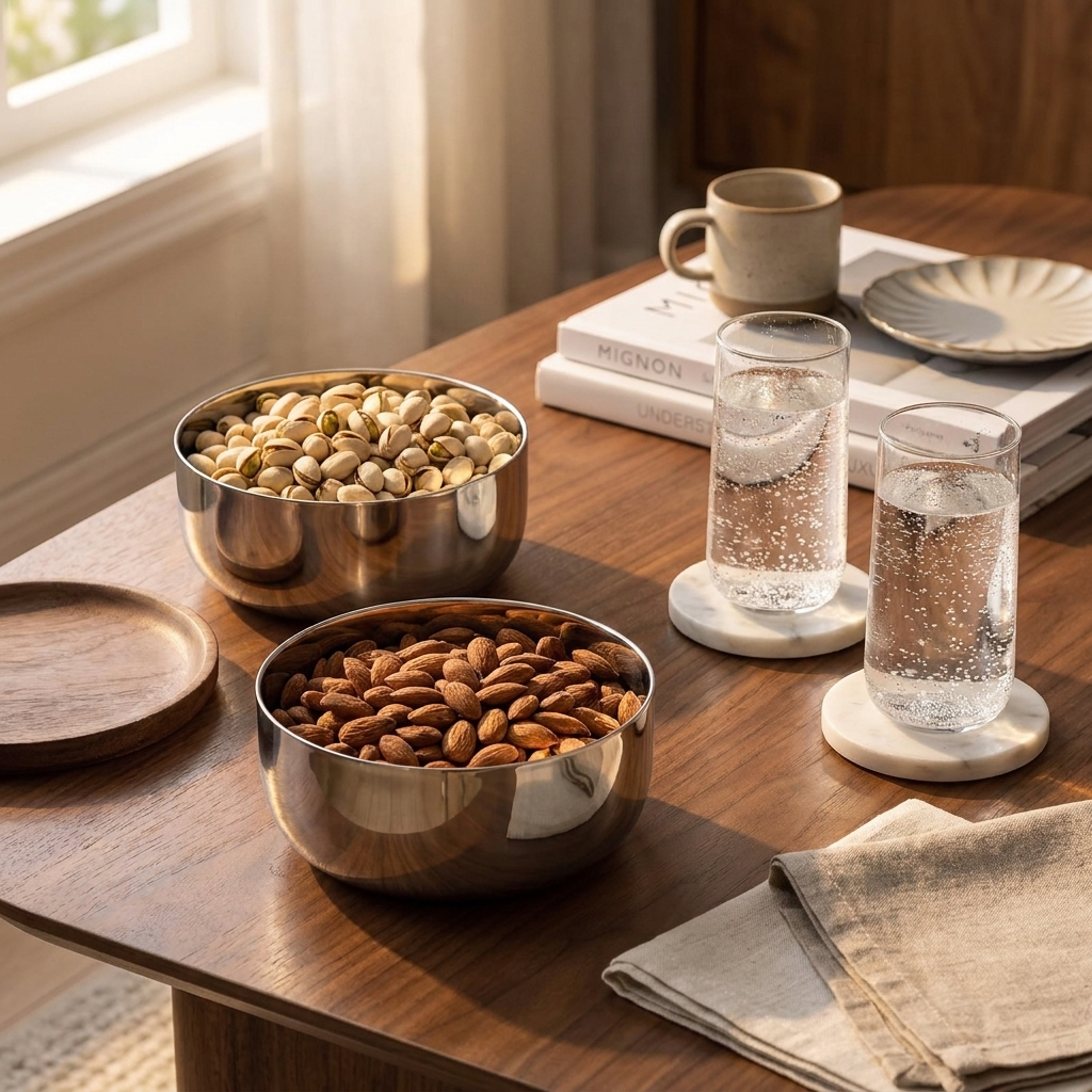Stainless steel walnut-lid bowls with pistachios and almonds for snacking, Kiyo Home