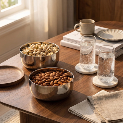 Stainless steel walnut-lid bowls with pistachios and almonds for snacking, Kiyo Home