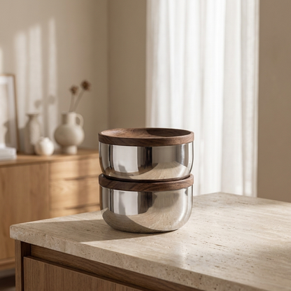 Stainless steel bowls with walnut wood lids, set of 2 stacked, Kiyo Home