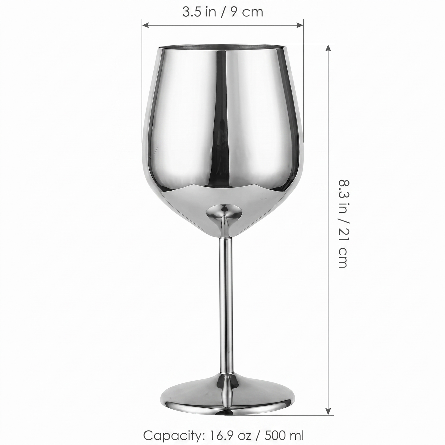 Stainless steel wine glass dimensions diagram showing height 8.3 inches / 21 cm, top diameter 3.5 inches / 9 cm, and 16.9 oz / 500 ml capacity
