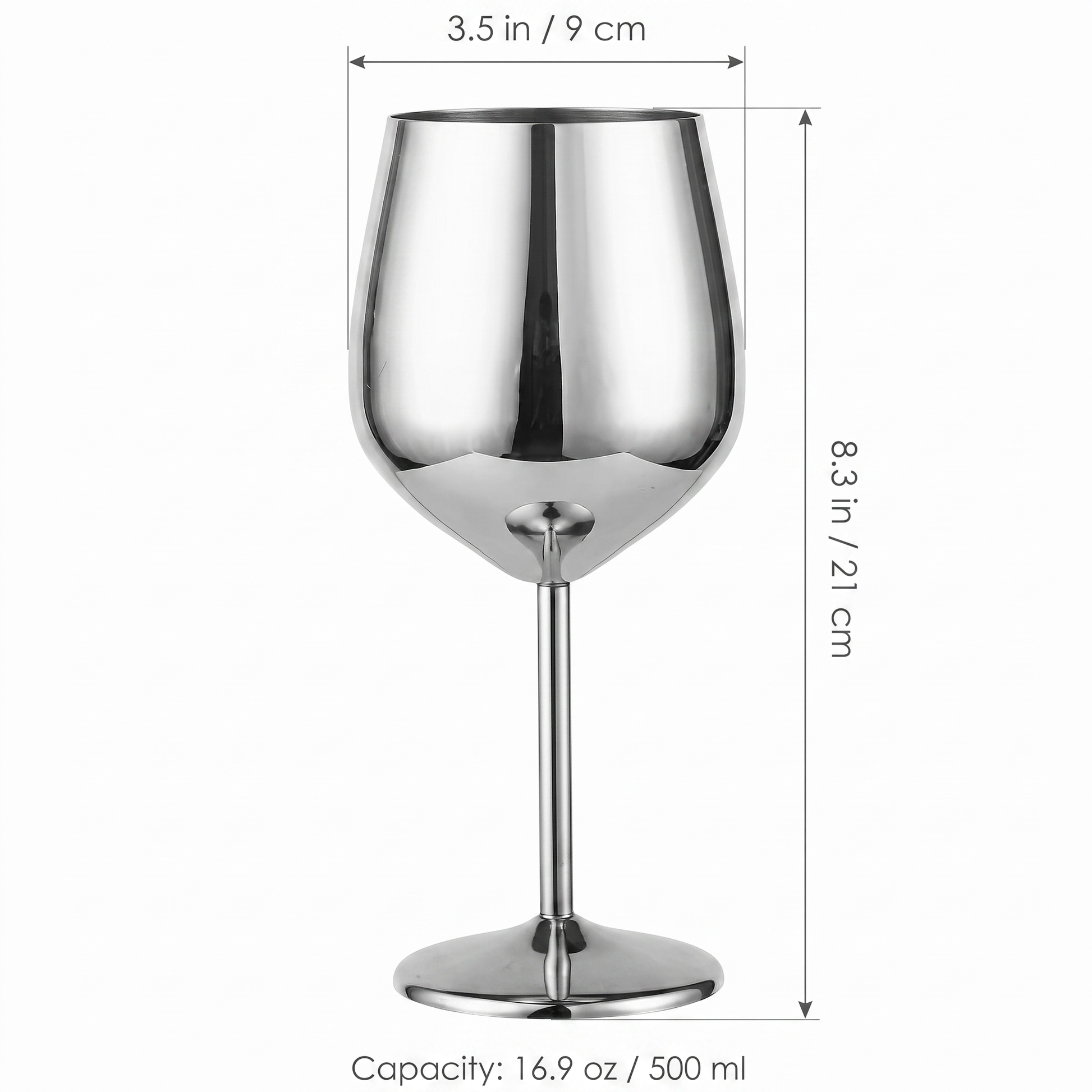 Stainless steel wine glass dimensions diagram showing height 8.3 inches / 21 cm, top diameter 3.5 inches / 9 cm, and 16.9 oz / 500 ml capacity