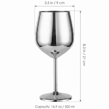 Stainless steel wine glass dimensions diagram showing height 8.3 inches / 21 cm, top diameter 3.5 inches / 9 cm, and 16.9 oz / 500 ml capacity
