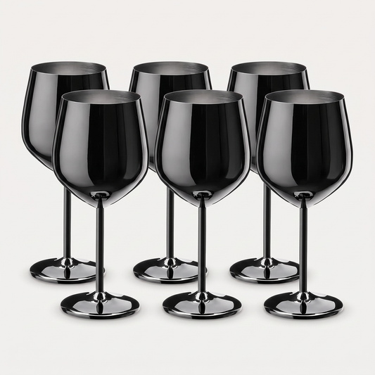 Set of six black stainless steel stemmed wine glasses with a mirror-polished finish on a clean off-white background