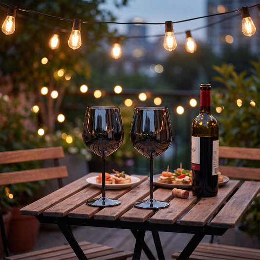 Black stainless steel wine glasses filled with red wine on an outdoor evening patio table with string lights