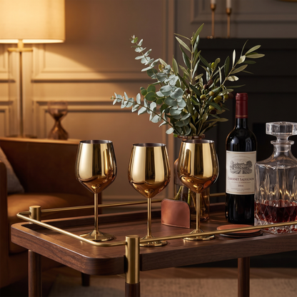 Gold stainless steel wine glasses on a bar cart in a warm evening setting