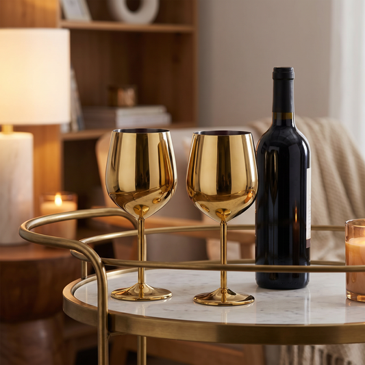 Gold stainless steel wine glasses styled on a bar cart with a wine bottle