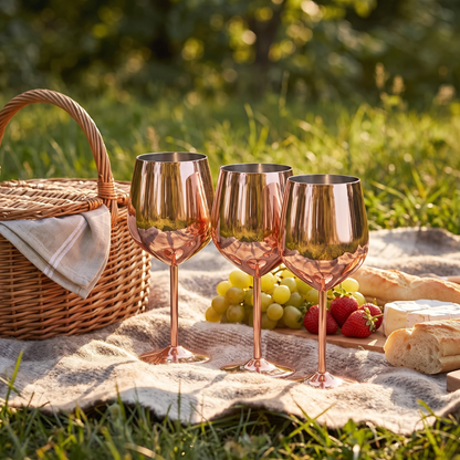 Rose gold stainless steel wine glasses at a picnic beside a woven basket