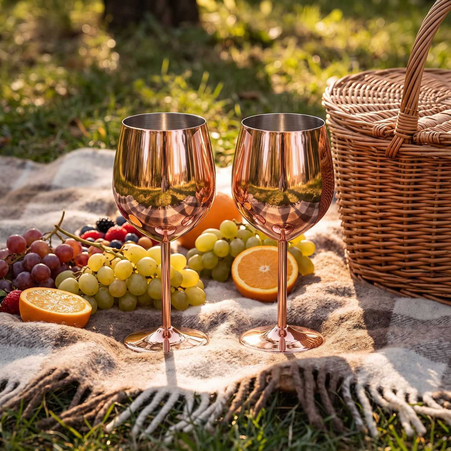 Rose gold stainless steel wine glasses at an outdoor picnic with fresh fruit
