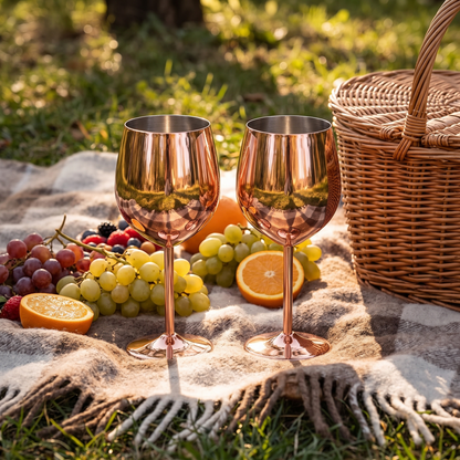 Rose gold stainless steel wine glasses at an outdoor picnic with fresh fruit