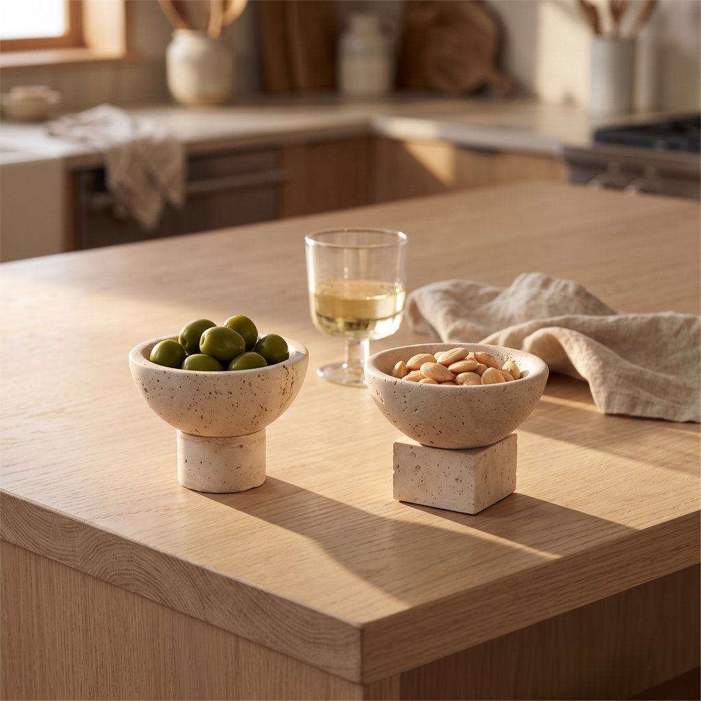 Two pale stone pedestal bowls with square bases holding green olives and almonds on a wood table in a kitchen, with a glass of white wine and a linen napkin