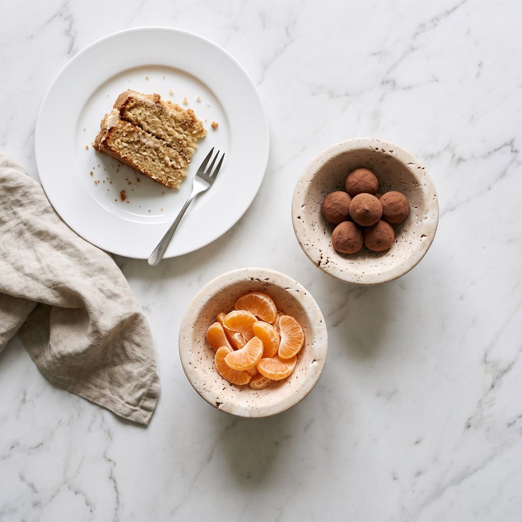 Overhead view of two pale stone bowls holding chocolate truffles and clementine segments, beside a plate with a slice of layer cake and a fork on a white marble surface