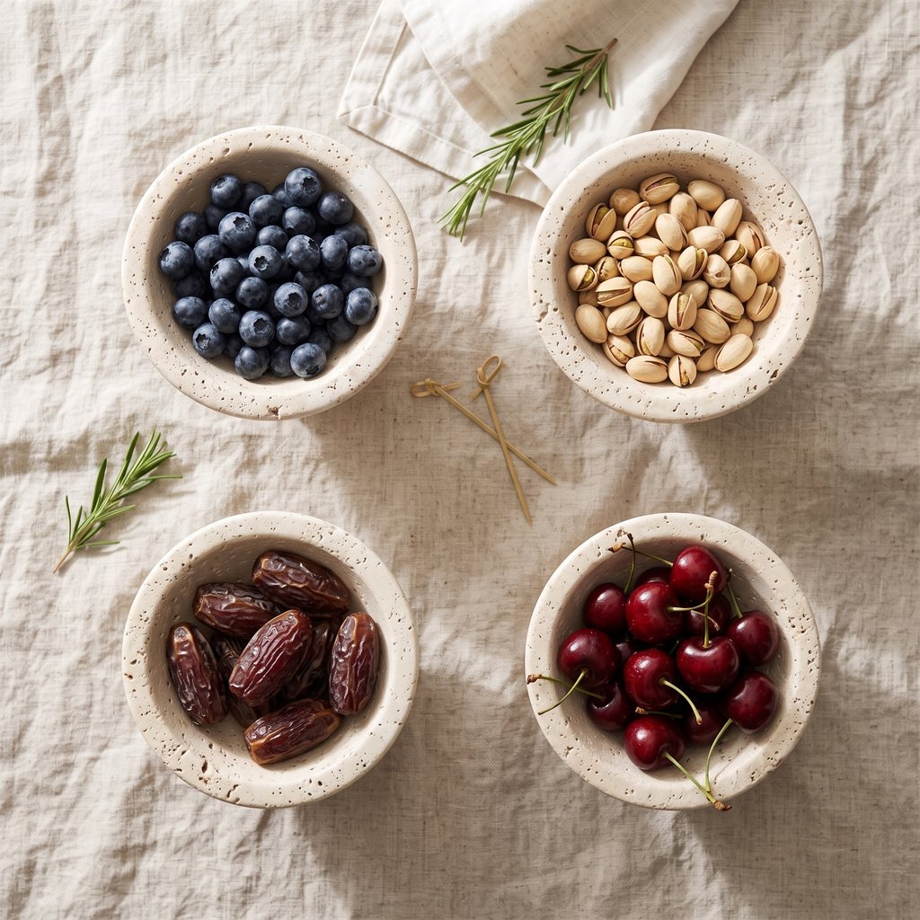Overhead view of four pale stone bowls holding blueberries, pistachios, dates and cherries on a linen cloth with rosemary sprigs
