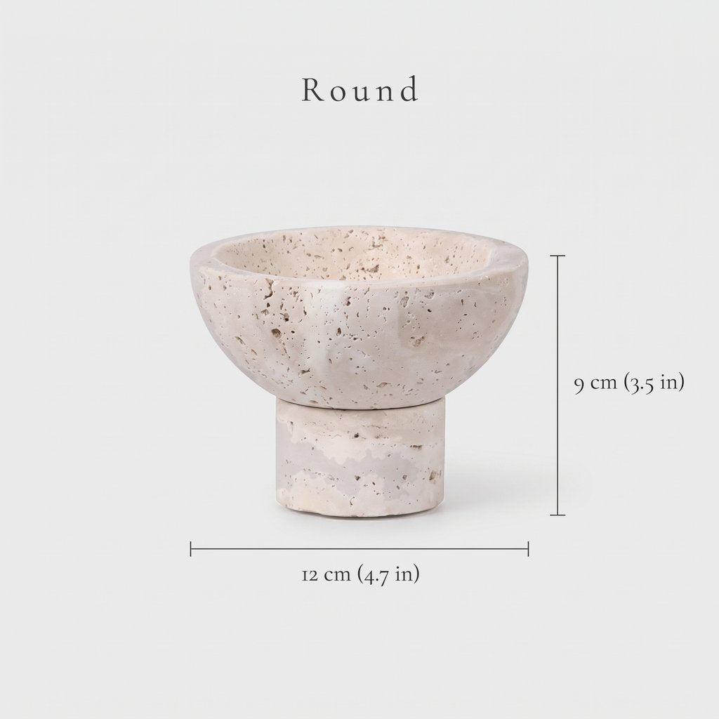 Dimensions graphic of a round pale stone pedestal bowl, width 12 cm or 4.7 in and height 9 cm or 3.5 in