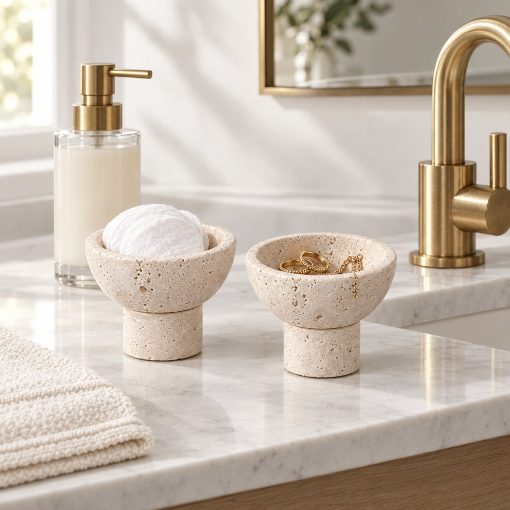 Two round pale stone pedestal bowls holding a white sponge and small items on a marble bathroom counter beside a gold faucet, a soap dispenser and a folded towel