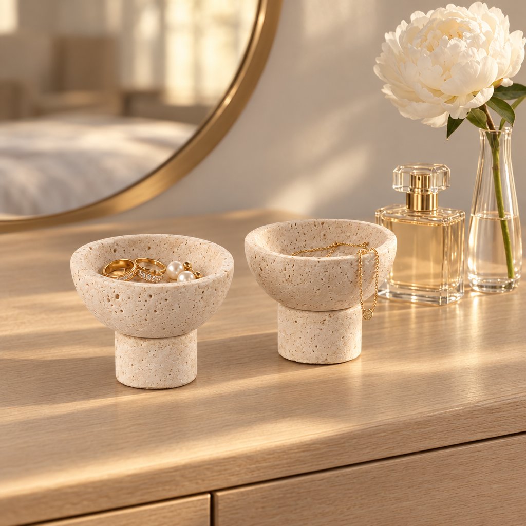Two round pale stone pedestal bowls holding small items on a wood dresser beside a gold-framed round mirror, a perfume bottle and a white peony in a vase