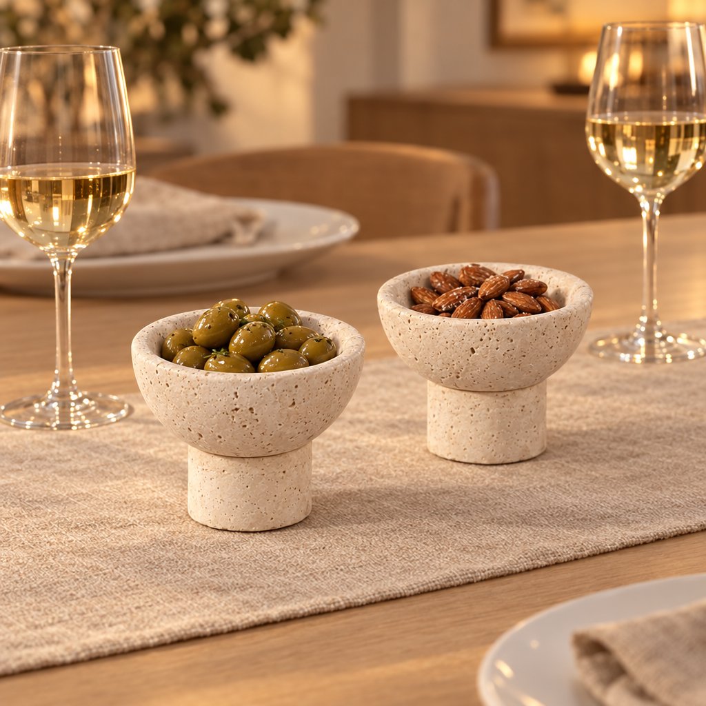 Two round pale stone pedestal bowls holding green olives and almonds on a linen table runner, with glasses of white wine and a plate beside them