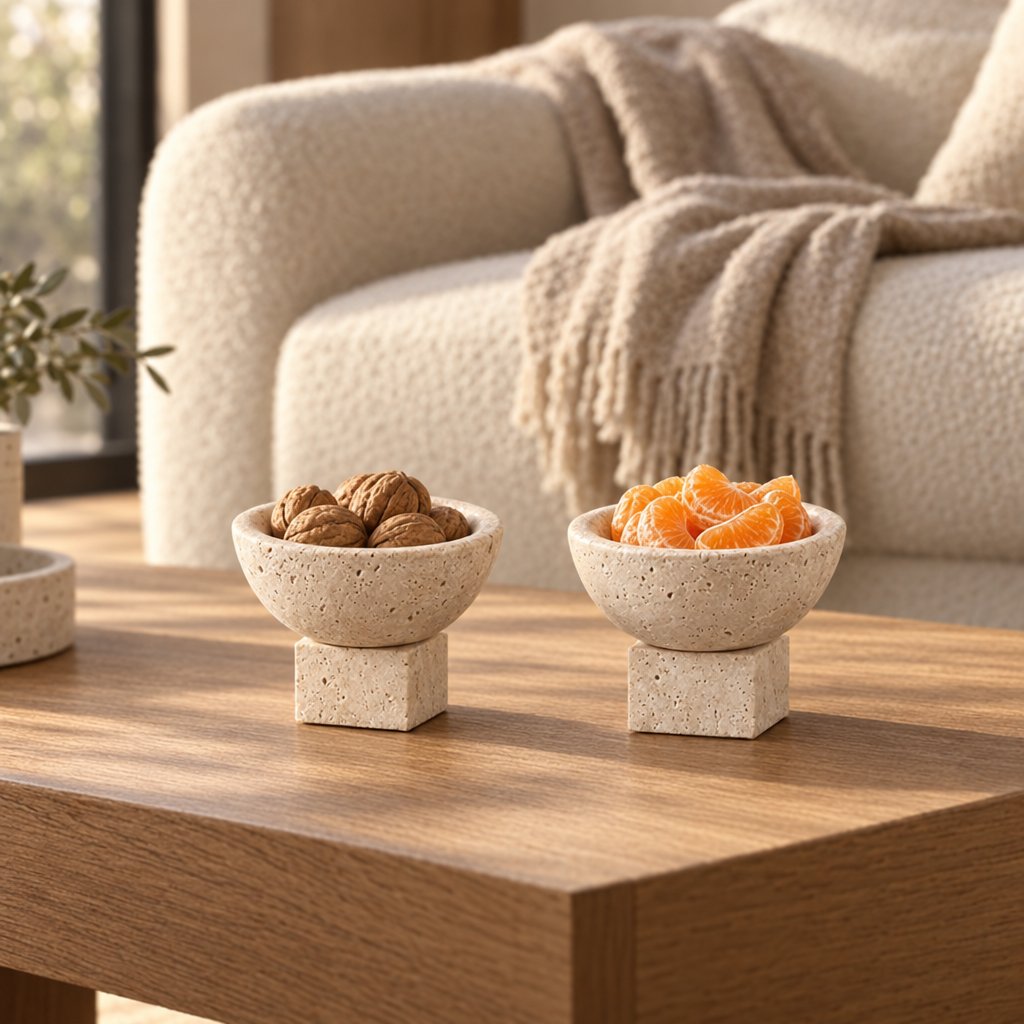 Two pale stone pedestal bowls with square bases holding walnuts and clementine segments on a wood coffee table in front of a cream sofa with a throw