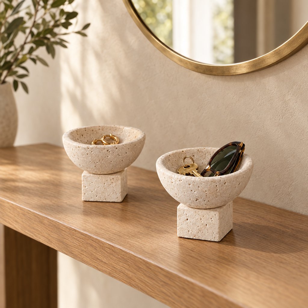 Two pale stone pedestal bowls with square bases holding small items on a wood console table beside a gold-framed round mirror and a plant stem