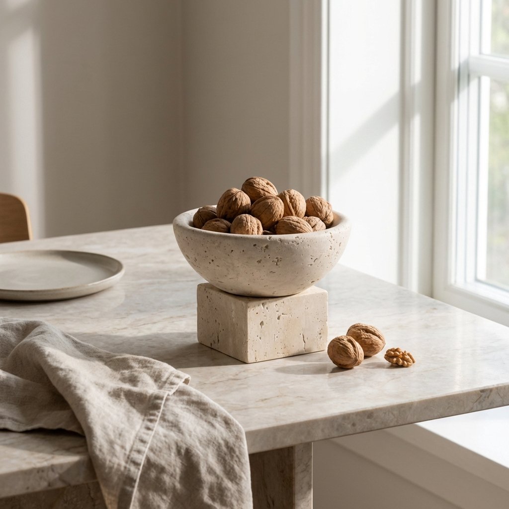 Pale stone pedestal bowl with a square base filled with walnuts on a marble table by a window, with a plate, a linen cloth and loose walnuts
