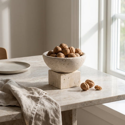 Pale stone pedestal bowl with a square base filled with walnuts on a marble table by a window, with a plate, a linen cloth and loose walnuts