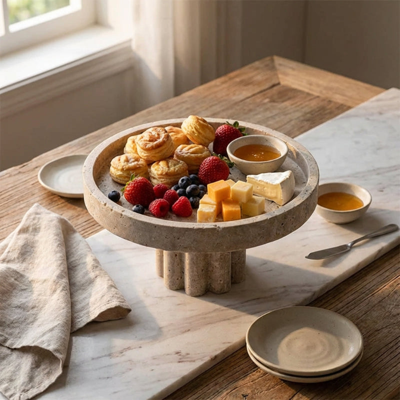 Travertine platter with pastries, fruits, and cheese on a wooden table.