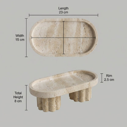 Oval stone sink with measurements on a gray background