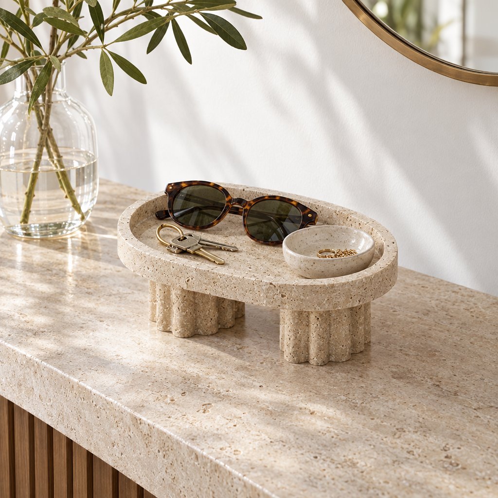Oval pale beige pedestal tray on two fluted legs on a light stone console holding tortoiseshell sunglasses, keys and a small round dish, with a glass vase of leafy stems and a round mirror behind