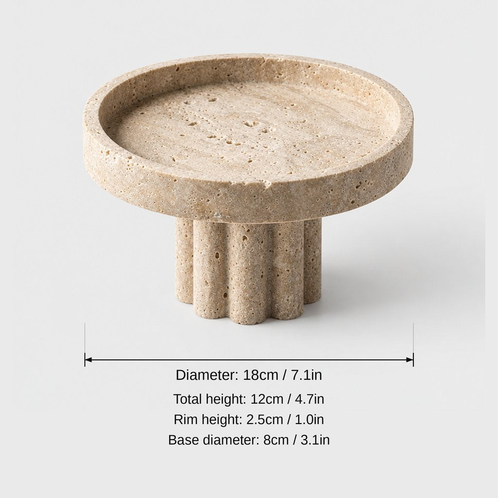 Round pale beige pedestal tray with a fluted column base, dimensions graphic: diameter 18 cm or 7.1 in, total height 12 cm or 4.7 in, rim height 2.5 cm or 1.0 in, base diameter 8 cm or 3.1 in