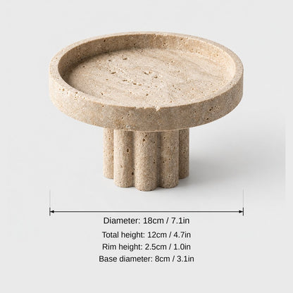 Round pale beige pedestal tray with a fluted column base, dimensions graphic: diameter 18 cm or 7.1 in, total height 12 cm or 4.7 in, rim height 2.5 cm or 1.0 in, base diameter 8 cm or 3.1 in