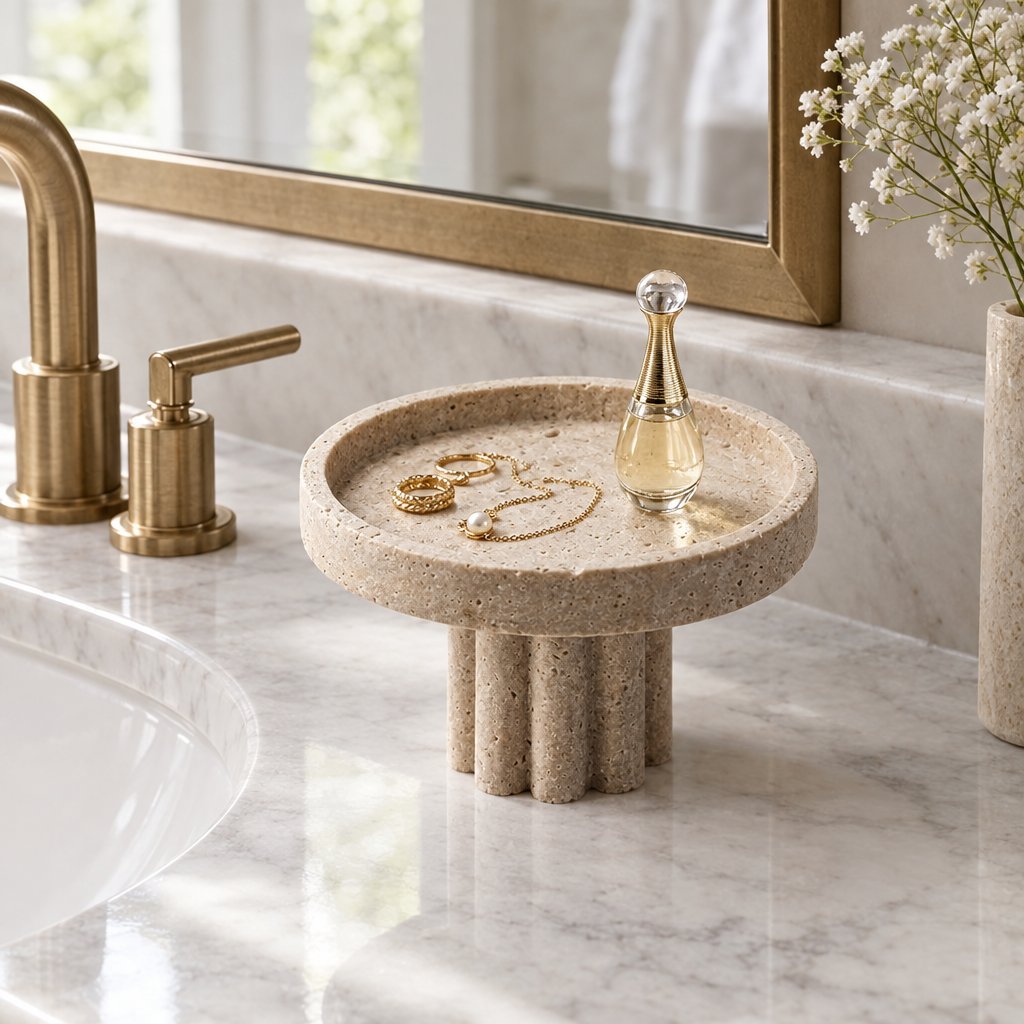 Round pale beige pedestal tray with a fluted column base on a gray veined white marble bathroom counter holding gold rings, a gold chain and a small perfume bottle, with a gold faucet and framed mirror behind
