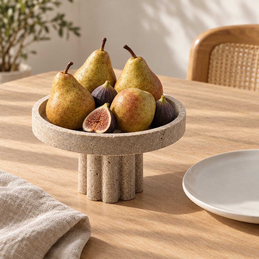 Round pale beige pedestal tray with a fluted base holding pears and figs, one fig cut open, on a wooden dining table with a white plate, a linen napkin and a woven back chair behind