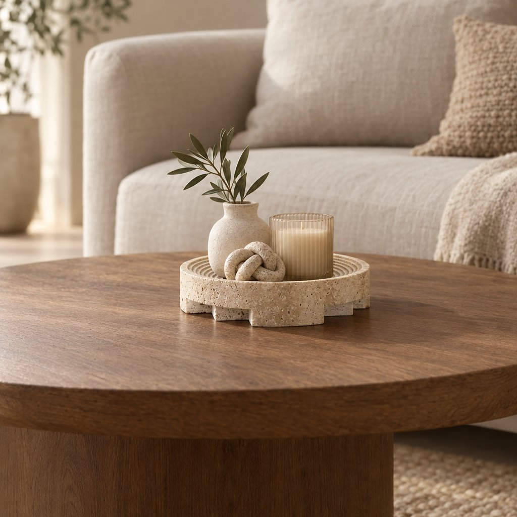 Round pale beige pedestal tray on a round wooden coffee table holding a small white vase with an olive branch, a candle in a glass and a knot shaped decor piece, with a cream sofa behind