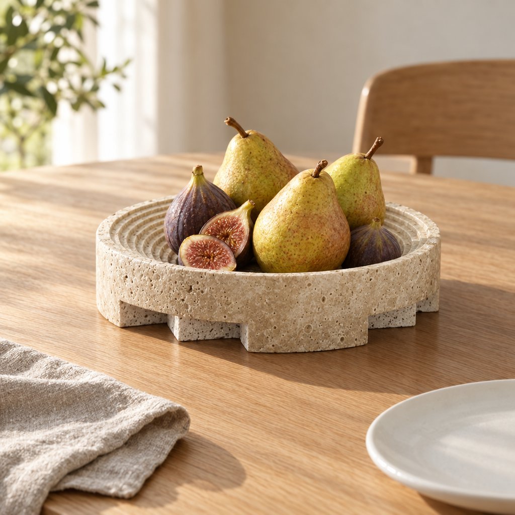 Round pale beige pedestal tray with a ridged inner dish and notched base holding pears and figs, one fig cut open, on a wooden dining table with a gray napkin and white plate