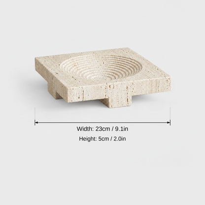 Square pale beige pedestal tray with concentric ridges in the dish, dimensions graphic: width 23 cm or 9.1 in, height 5 cm or 2.0 in