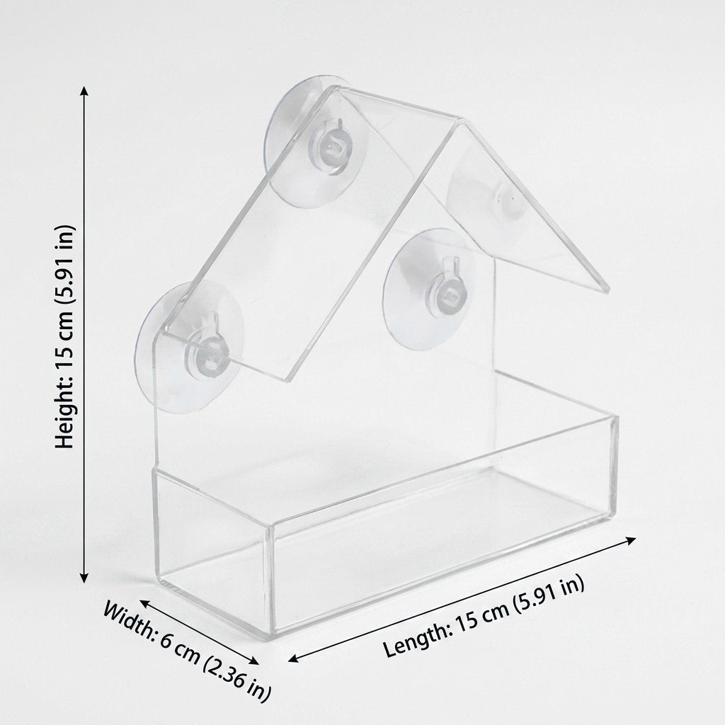Suction Cup Acrylic Bird Feeder dimensions — 15 cm (5.91 in) height, 6 cm (2.36 in) width, 15 cm (5.91 in) length
