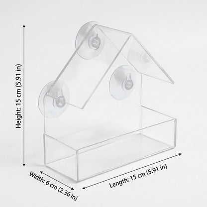 Suction Cup Acrylic Bird Feeder dimensions — 15 cm (5.91 in) height, 6 cm (2.36 in) width, 15 cm (5.91 in) length