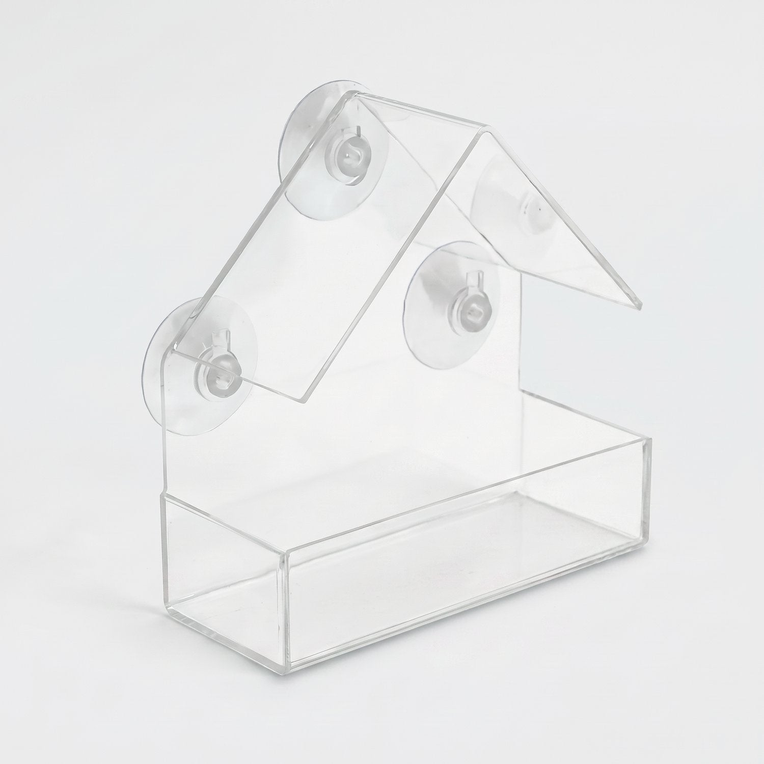 Clear acrylic suction cup window bird feeder in a house shape, for hanging on windows