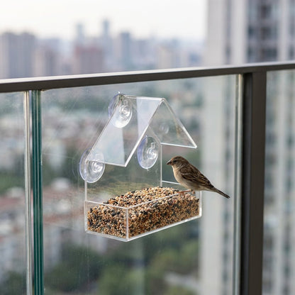 Clear acrylic bird feeder on a glass balcony railing with a sparrow, city skyline view