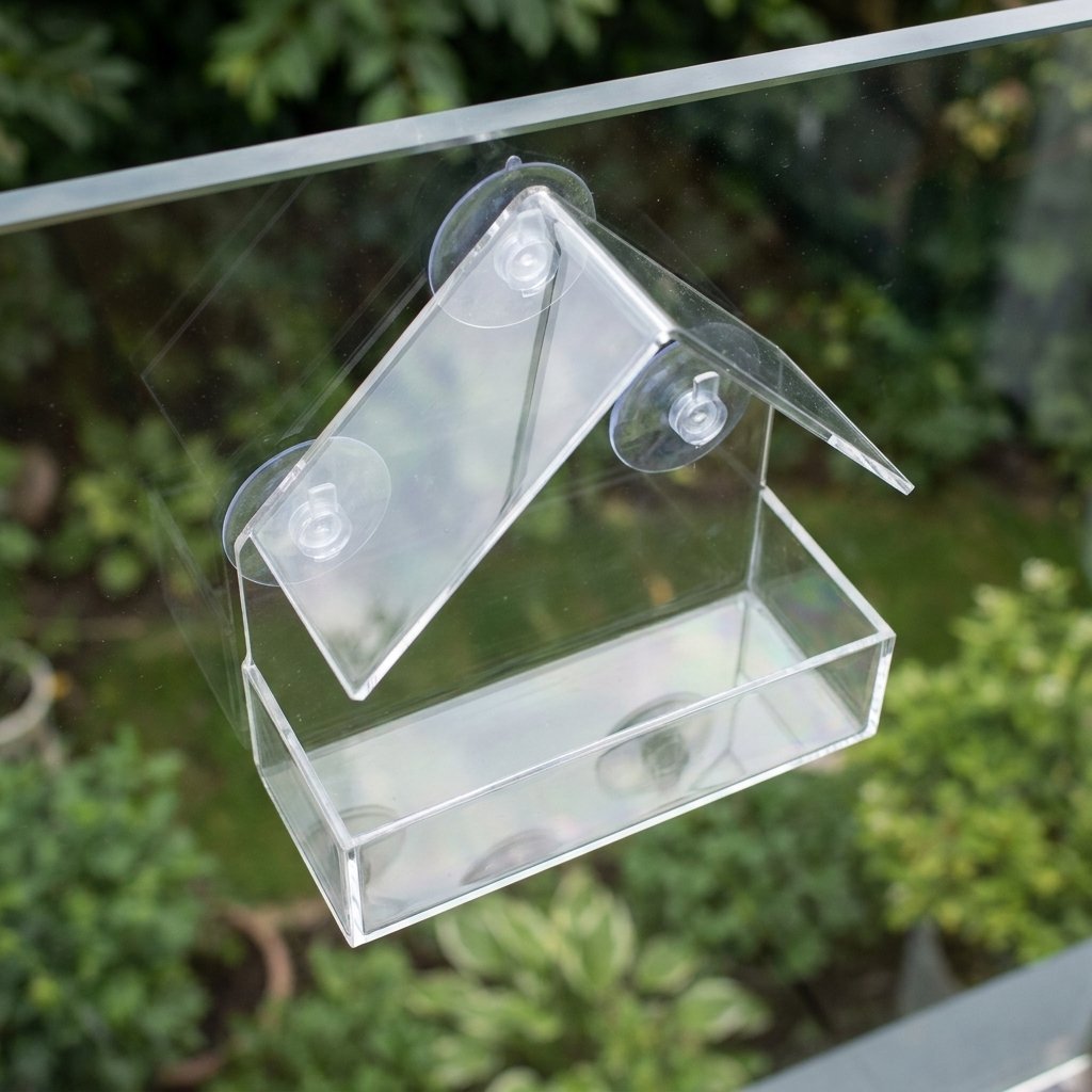 Close-up of the clear acrylic suction cup bird feeder mounted on a window, garden view in background