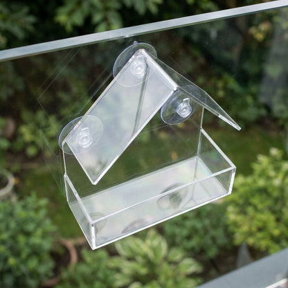 Close-up of the clear acrylic suction cup bird feeder mounted on a window, garden view in background