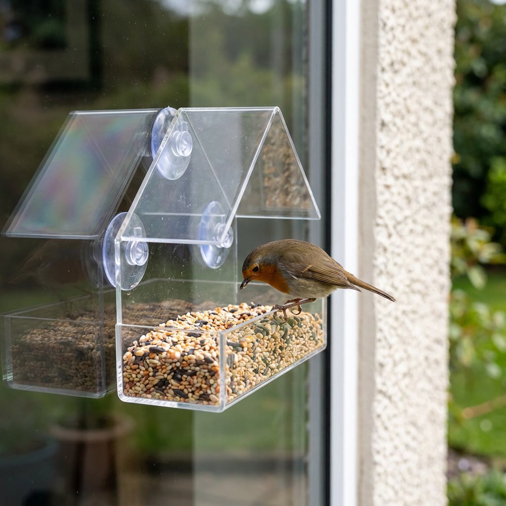 Close-up of a robin perched on a clear acrylic window bird feeder filled with seed