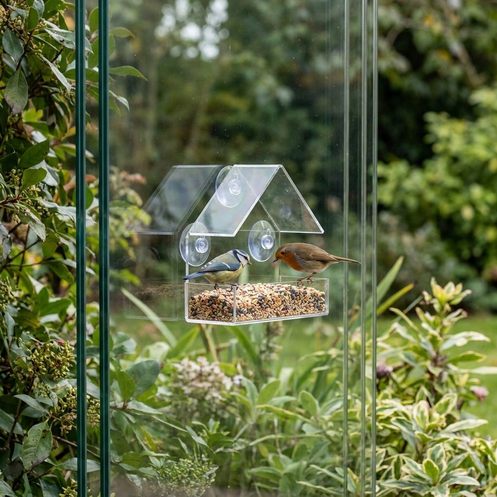 Clear acrylic suction cup bird feeder on a glass railing with a blue tit and robin feeding, garden view