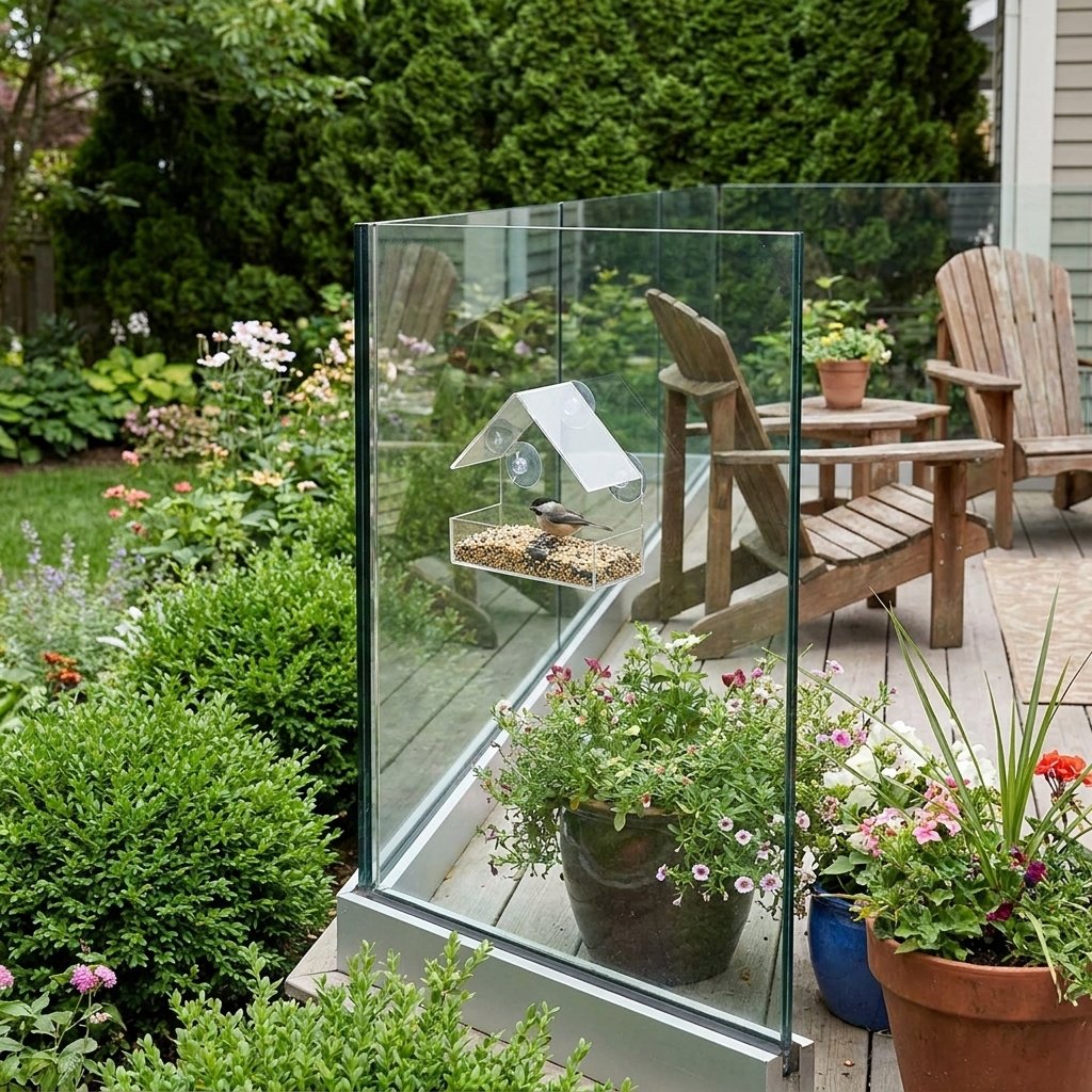 Clear acrylic bird feeder mounted on a glass patio railing with a chickadee, outdoor deck setting