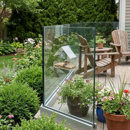 Clear acrylic bird feeder mounted on a glass patio railing with a chickadee, outdoor deck setting