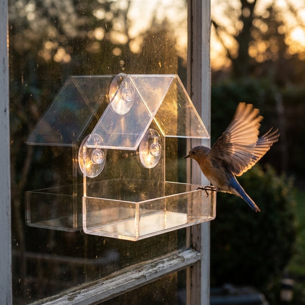 Bird in flight approaching a clear acrylic window bird feeder at sunset