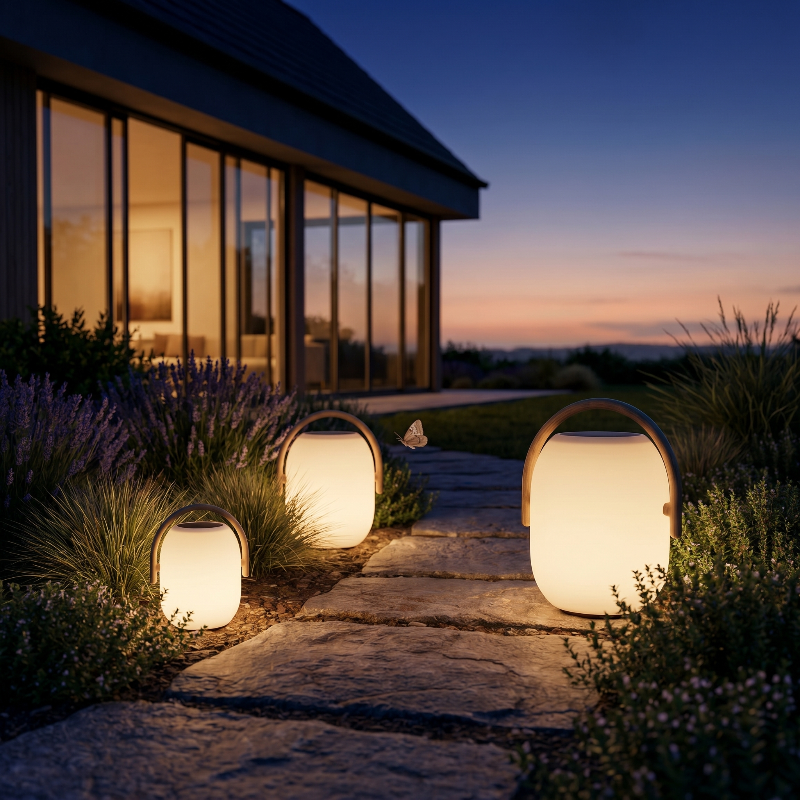 SunLume outdoor solar lanterns glowing beside garden path at dusk