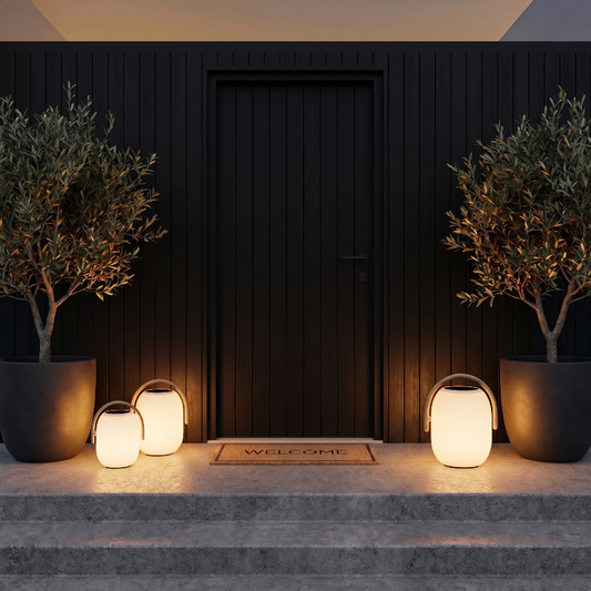 SunLume outdoor solar lanterns by front entrance at night