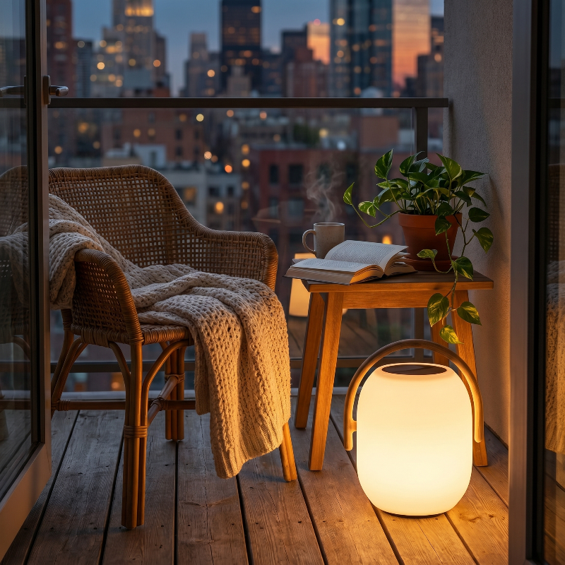 SunLume outdoor solar lantern on balcony dining table with city view