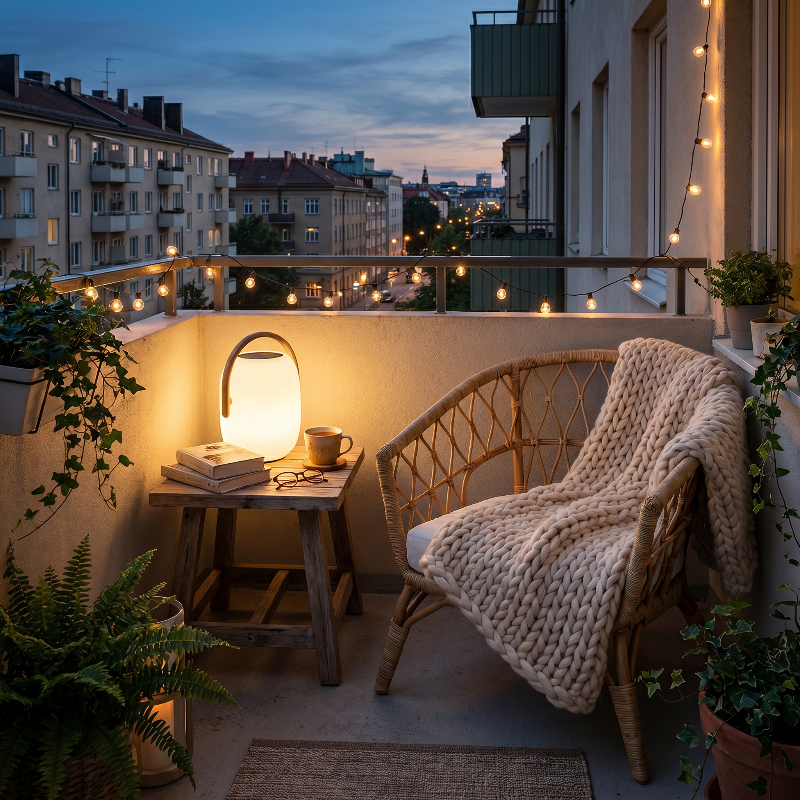 SunLume outdoor solar lantern on balcony seating area at dusk