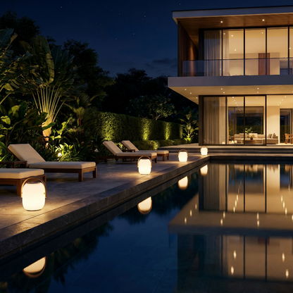 SunLume outdoor solar lantern glowing beside pool at night